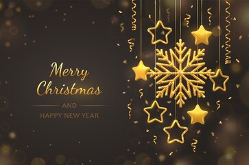 Fototapeta na wymiar Christmas background with hanging shining golden snowflakes, 3D metallic stars and balls. Merry christmas greeting card. Holiday Xmas and New Year poster, web banner. Vector Illustration.