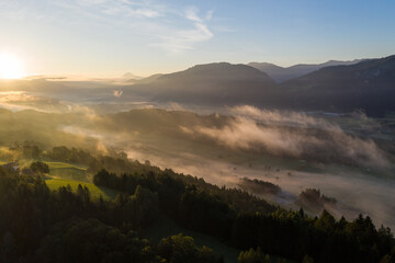 Drone panorama over Tyrol landscape, at sunrise in Austria.
