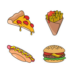 fast food icons - pizza, French fries, hot dog and hamburger
