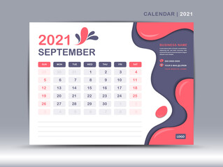 Calendar 2021 template, September Page design, Desk calendar vector for calendar 2021 template, Week starts on Monday, Fluid colorful background,  Trendy minimal, creative design