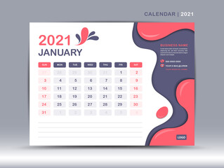 Calendar 2021 template, January Page design, Desk calendar vector for calendar 2021 template, Week starts on Monday, Fluid colorful background,  Trendy minimal, creative design