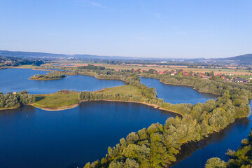 Fototapeta na wymiar Drone panorama over lake and landscape in Germany