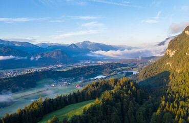 Obraz premium Drone panorama over Tyrol landscape, at sunrise in Austria.