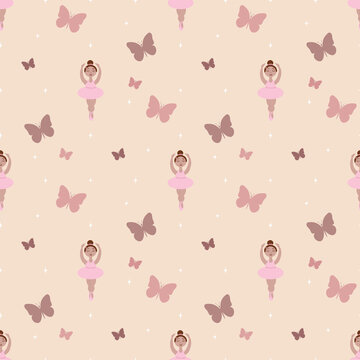 seamless pattern with the image of a ballerina girl in a pink tutu on a beige background with stars and butterflies