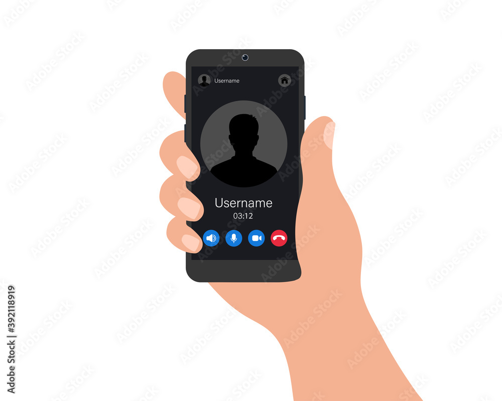 Wall mural hand with a smartphone. video call interface on a phone screen. online conversation via mobile app