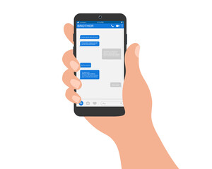 Hand holing smartphone with a messages on the screen. Online chat in mobile app. Internet communication. Vector illustration