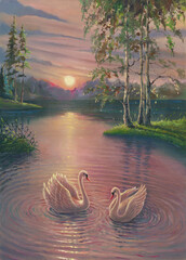 Sunset oil painting landscape with white swans in lake against summer forest with water reflections and circles, morning sunrise drawing art on canvas with beautiful nature © jdrv