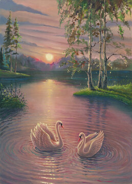 Sunset oil painting landscape with white swans in lake against summer forest with water reflections and circles, morning sunrise drawing art on canvas with beautiful nature