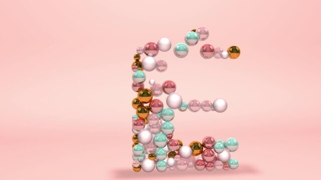 Abstract alphabet letter E with beads pearls balls on pink background animation 3d
