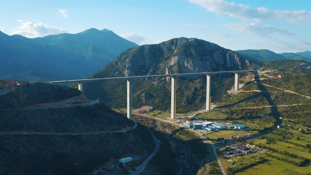 Montenegro. Aerial view of the truss bridge. Drone flying over the Mala Rijeka Viaduct on the Belgrade - Bar railway, surrounded magnificent mountains.