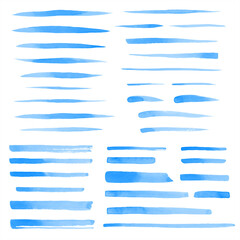 Set of vector watercolor brush strokes, uneven lines, water blue stripes, underlines, doodle streaks, gradient smears. Hand drawn design elements collection, text backgrounds with watercolour stains. 