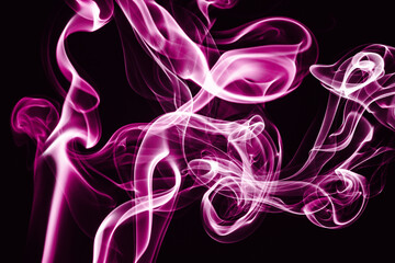 Naklejka premium Pink smoke background. Air gas swirl texture. Vapour isolated on black. Mist wave pattern. Colorful smoke flow isolated on black.