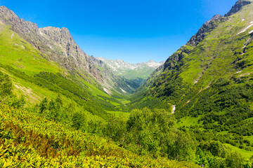 Beautiful forest and mountain landscape at Caucasus mountains.