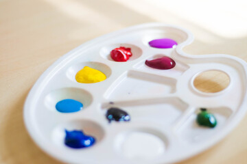 Obraz na płótnie Canvas Artist palette with acrylic paints of different colors close up