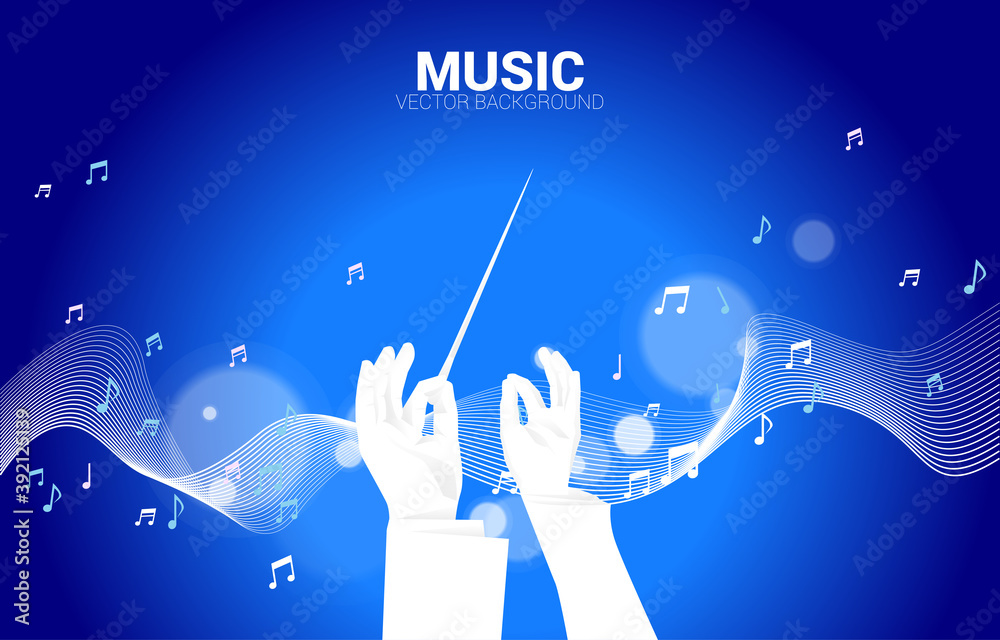 Poster Vector silhouette of conductor hand with sound waves in background . Concept background for orchestra concert and recreation.