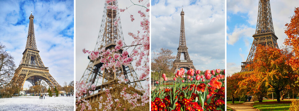 Collage of four photos of the Eiffel tower during different seasons