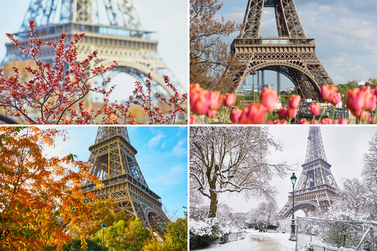 Collage of four photos of the Eiffel tower during different seasons