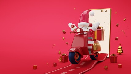 Santa Cruz motorbike driving Gift box with candy cane and tree with stars surrounded on street, Christmas background illustration concept.3d rendering.