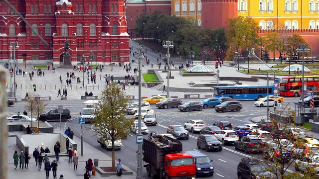 Moscow Red Square with State Historical Museum and Kremlin. View of Tverskaya, Mokhovaya and Okhotny Ryad streets.