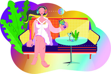 Vector illustration of the dreaming young woman with phone in hand and cordless headphones, listening any music or podcast in colorful homelike decor