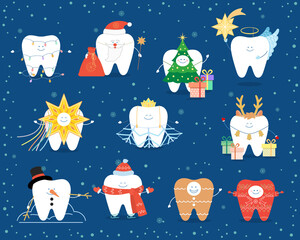 Teeth set in Christmas carnival costume. Collection of cute cartoon dental iIlustrations isolated on blue.