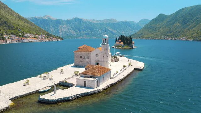 Perast, Bay of Kotor, Montenegro. Aerial view of the Our Lady of the Rocks. The island Saint George on the background