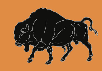 drawn black bull in antique style isolated on an orange background