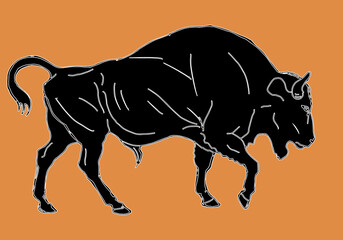 drawn black bull in antique style isolated on an orange background