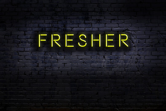Night view of neon sign on brick wall with inscription fresher