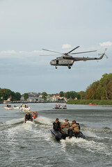 Mi-8 helicopter over the waters of the Dziwna Strait. The photo was taken during a public show,...