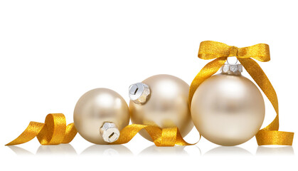 Silver christmas balls with gold ribbon isolated over white background.