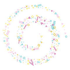 Memphis style geometric confetti background with triangle, circle, square, zigzag and wavy line