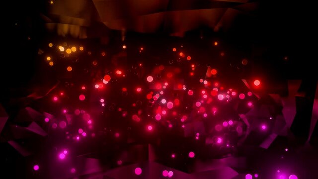 neon glow spheres fly indoors with smooth light gradient. Yellow purple red colors. Smooth animation in 4k, simple abstract background with luminous spheres.