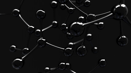 Abstract molecules black design. Science or medical background. Abstract background for chemistry science banner or flyer. Black atoms. Molecule 3d rendering illustration