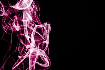 Pink smoke background. Air gas swirl texture. Vapour isolated on black. Mist wave pattern. Colorful smoke flow isolated on black.
