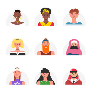 Vector bundle with various people avatars for users of social network accounts. Collection of female and male modern stylish faces isolated. Set of multi-ethnic human facial icons. Adult characters