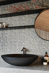 Modern bathroom interior with gray ceramic tiles and black washbasin. 3d render