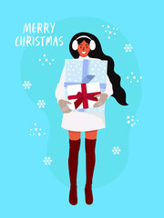 Flat vector cartoon illustration of a smiling girl holding Christmas gifts and the inscription merry Christmas on a blue background.