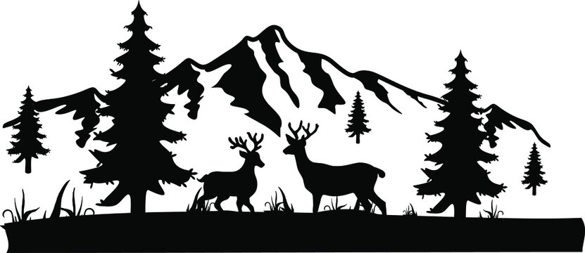 Snowy mountain silhouette and Deers scene