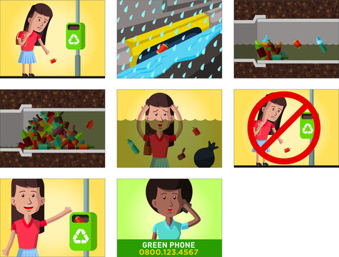 Comic strip about the consequences of throwing garbage on the street, in a storyboard about the city sewage and drainage system. Vector illustration.