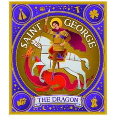 Colorful art of Saint George riding a horse and fighting the Dragon, in stylized way and lots of doodle drawing around him. Vector illustration.