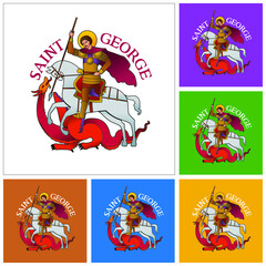 Set of colorful drawings of Saint George riding a horse and fighting the Dragon, in stylized way and several backgrounds. Vector illustration.