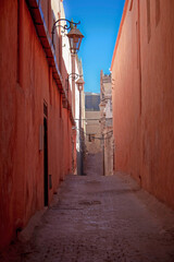 Obraz na płótnie Canvas Traditional, tipical narrow reddish brown street of Marrakech Medina