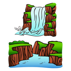 Drawing of waterfall and river crossing a canyon, in comics style. Vector illustration.