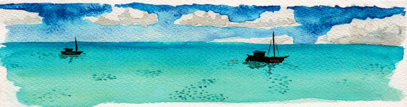 Landscape of small fishing boats on turquoise sea in a sunny day. At the tropical beach of Itaunas in the Brazilian northeast. Watercolor painting.