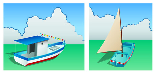 Drawing of fisherman boat and sail raft on the sea, typical boats from northeastern Brazil, in comics style. Vector illustration.