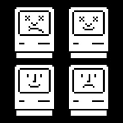 Set of computers with stylized faces of dead face on screen, a system crash symbol, and happy computer. Vector illustration.