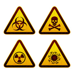 Set of warning signage in triangular shape for biohazard alert, risk of death, radiation danger and virus contamination. Vector illustration.