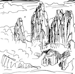 Torres del Paine peaks amid clouds. Steep cliffs in Patagonia, a region that encompasses mountains, glaciers and lakes in southern Chile. Ink drawing.