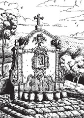 View of an old fountain in Baroque style at Tiradentes. An historical little town in the countryside of Brazil. Ink drawing.